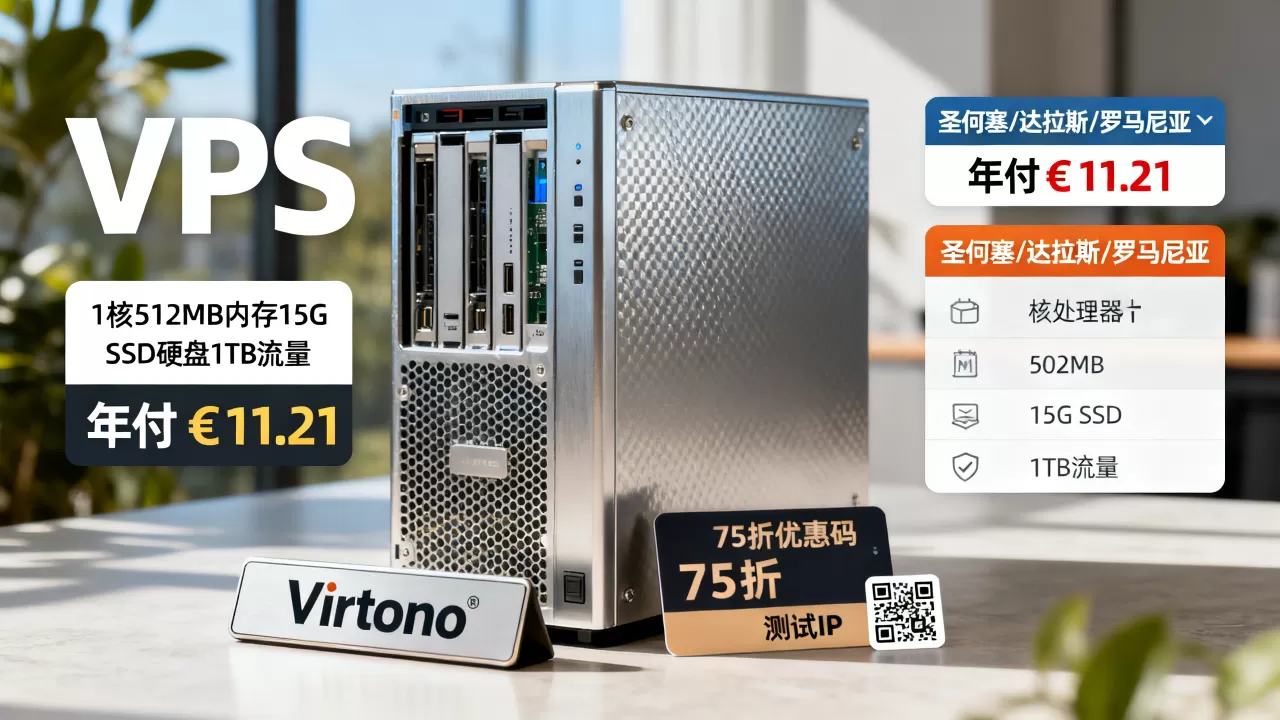 Virtono最新促销1核512MB内存15G SSD硬盘1TB流量VPS年付€11.21,机房可选圣何塞/达拉斯/罗马尼亚等附75折优惠码及测试IP Virtono最新促销1核512MB内存15G SSD硬盘1TB流量VPS年付€11.21,机房可选圣何塞/达拉斯/罗马尼亚等附75折优惠码及测试IP