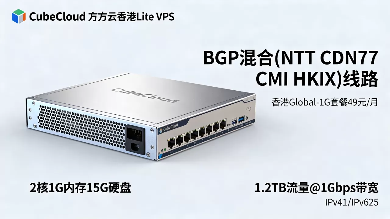 CubeCloud魔方云香港Lite VPS测评:BGP混合(NTT CDN77 CMI HKIX)线路,香港Global-1G套餐49元/月,2核1G内存15G硬盘,1.2TB流量@1Gbps带宽,IPv41/IPv625 CubeCloud魔方云香港Lite VPS测评:BGP混合(NTT CDN77 CMI HKIX)线路,香港Global-1G套餐49元/月,2核1G内存15G硬盘,1.2TB流量@1Gbps带宽,IPv41/IPv625