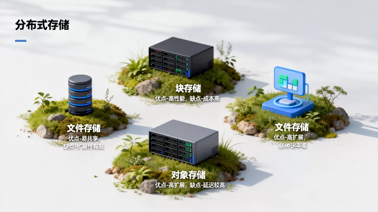 分布式存储的几个类型包括哪些？，各有什么优缺点？