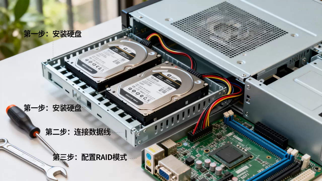 如何配置服务器双硬盘RAID，有哪些步骤？