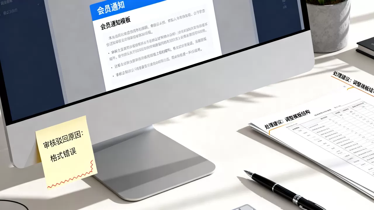 发会员通知的公司模板审核为何被驳回?,处理建议是什么? 发会员通知的公司模板审核为何被驳回?,处理建议是什么?