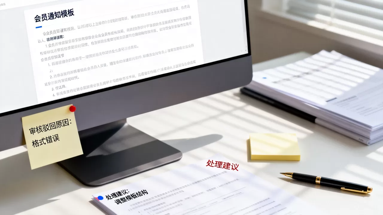 发会员通知的公司模板审核为何被驳回?,处理建议是什么? 发会员通知的公司模板审核为何被驳回?,处理建议是什么?