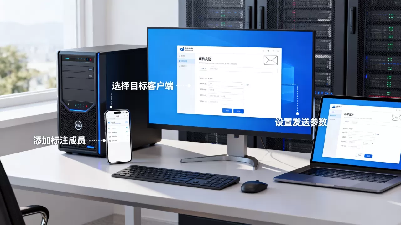 如何指定服务器向多个客户端和标注成员发送邮件，如何操作？