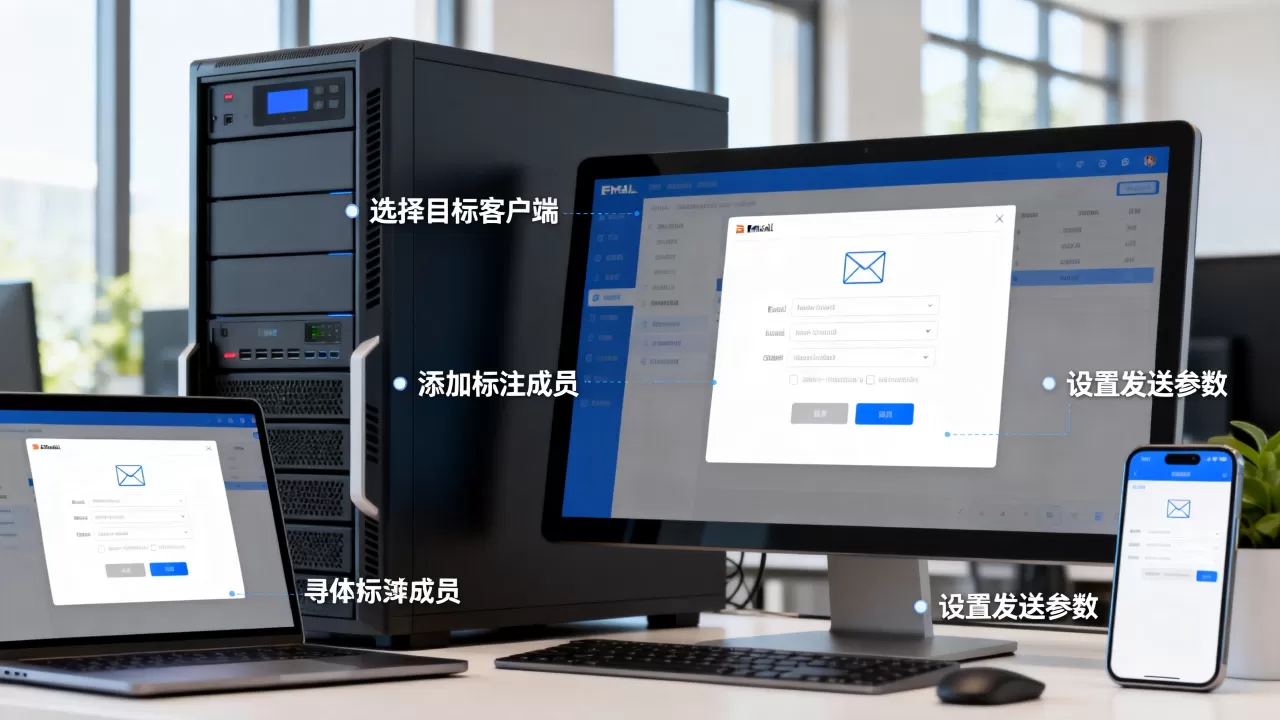 如何指定服务器向多个客户端和标注成员发送邮件，如何操作？