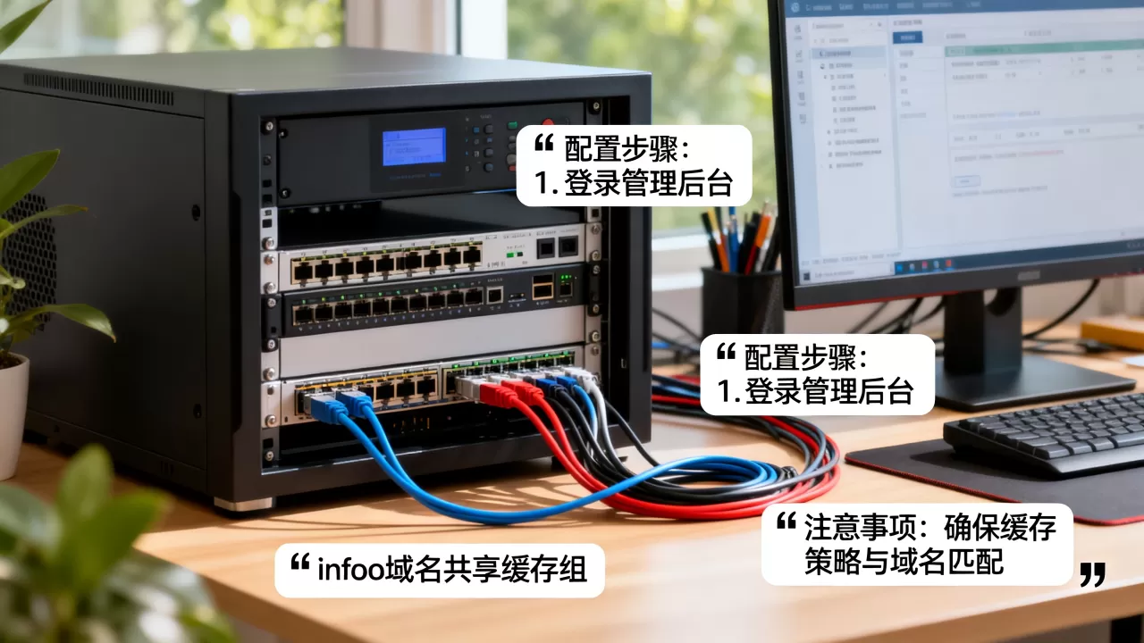 如何配置info域名共享缓存组？，有哪些注意事项？