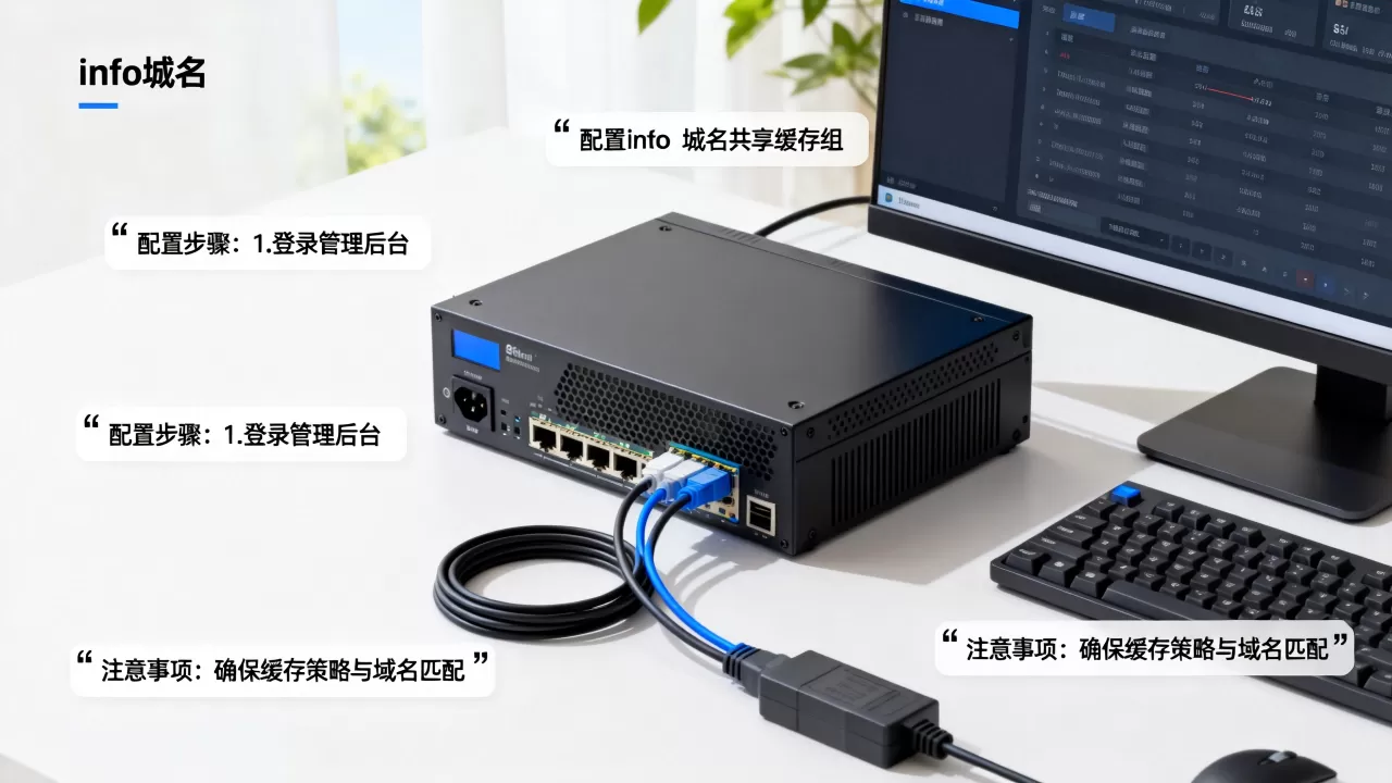 如何配置info域名共享缓存组？，有哪些注意事项？