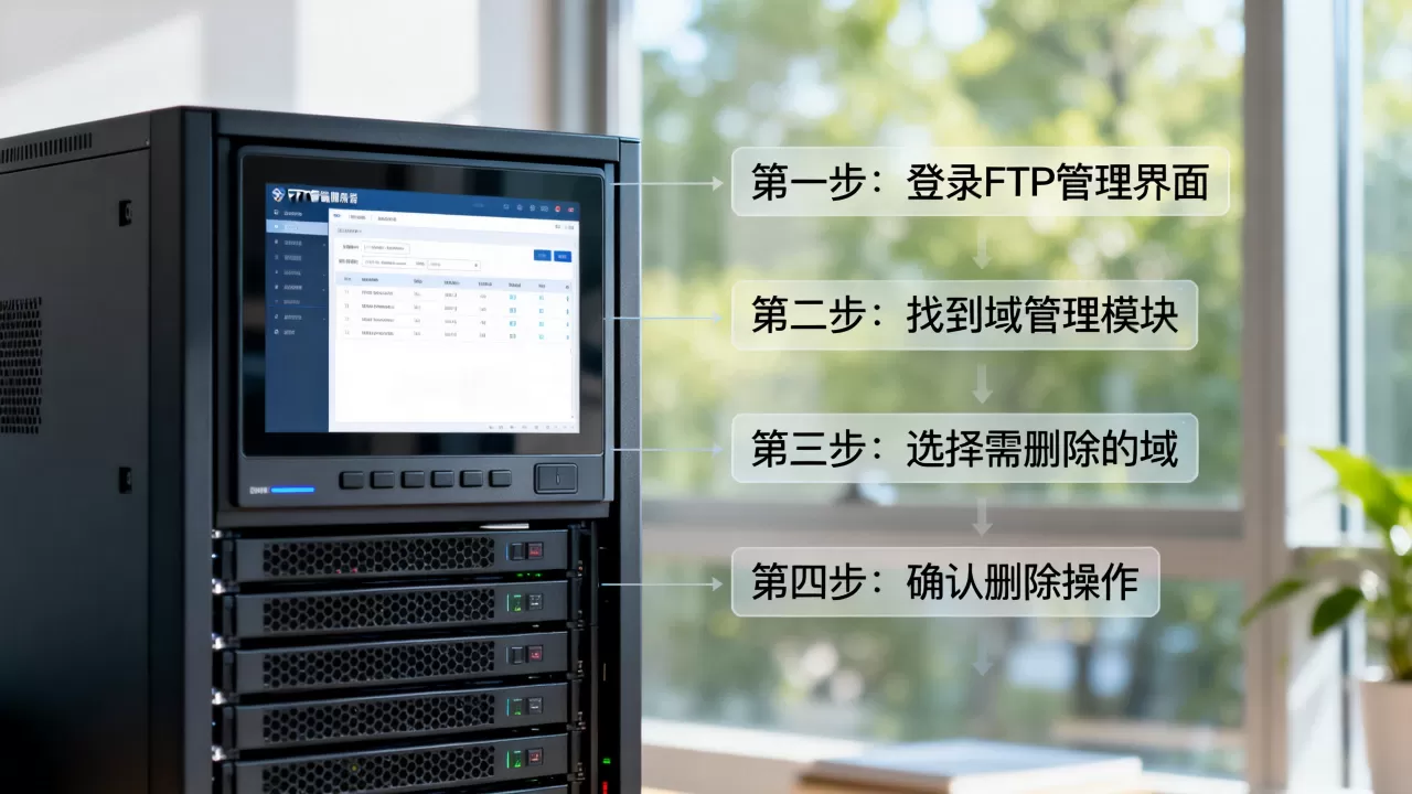 如何删除FTP服务器上的域，具体操作步骤是什么？