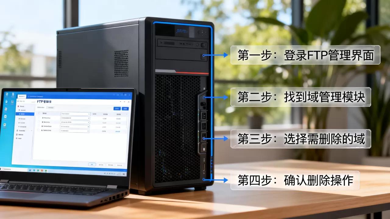 如何删除FTP服务器上的域，具体操作步骤是什么？