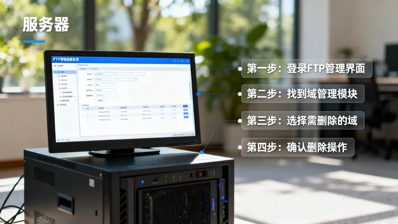 如何删除FTP服务器上的域，具体操作步骤是什么？
