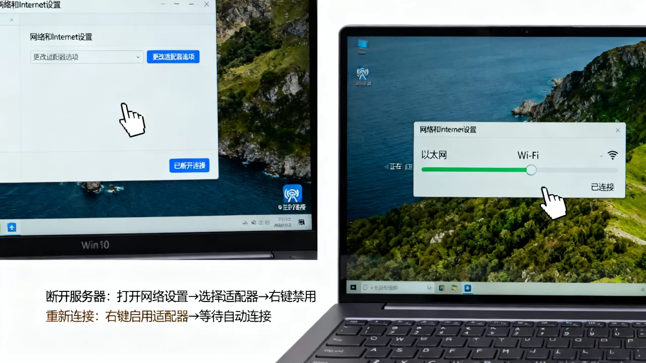 win10电脑如何临时断开服务器,断网后怎么重新连接