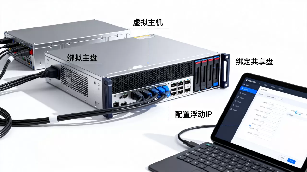 如何绑定共享盘和浮动IP实现高可用？服务器虚拟主机配置方法