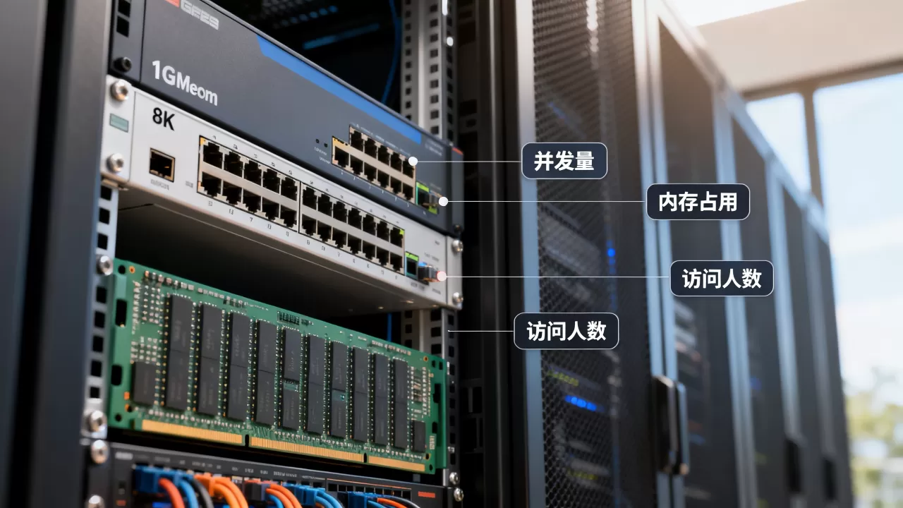服务器1g内存能支持多少人访问？,网站并发量多少？