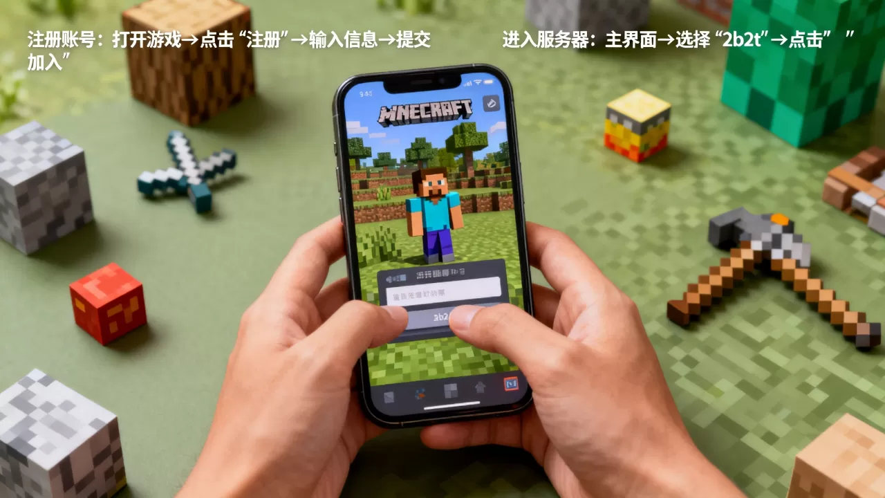 我的世界手机版2b2t服务器怎么进，怎么注册？