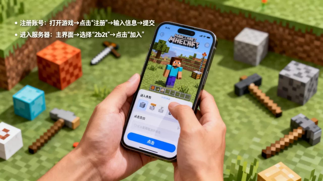 我的世界手机版2b2t服务器怎么进，怎么注册？