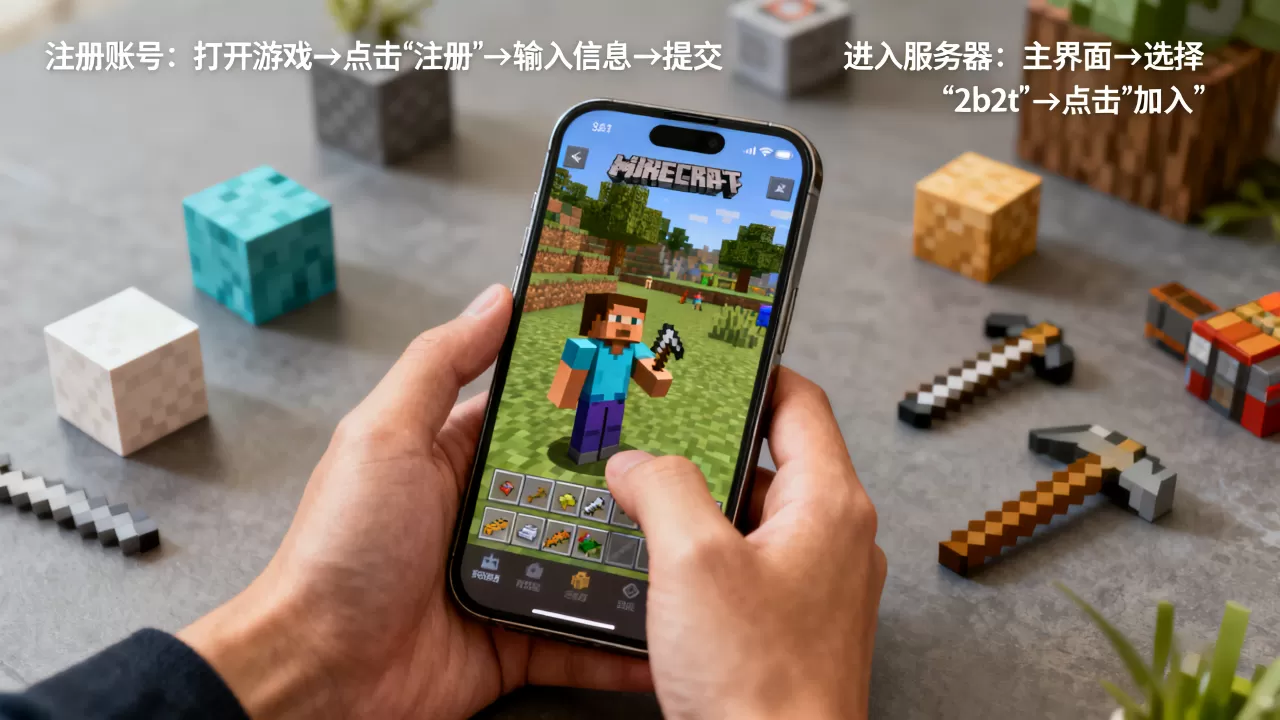 我的世界手机版2b2t服务器怎么进，怎么注册？