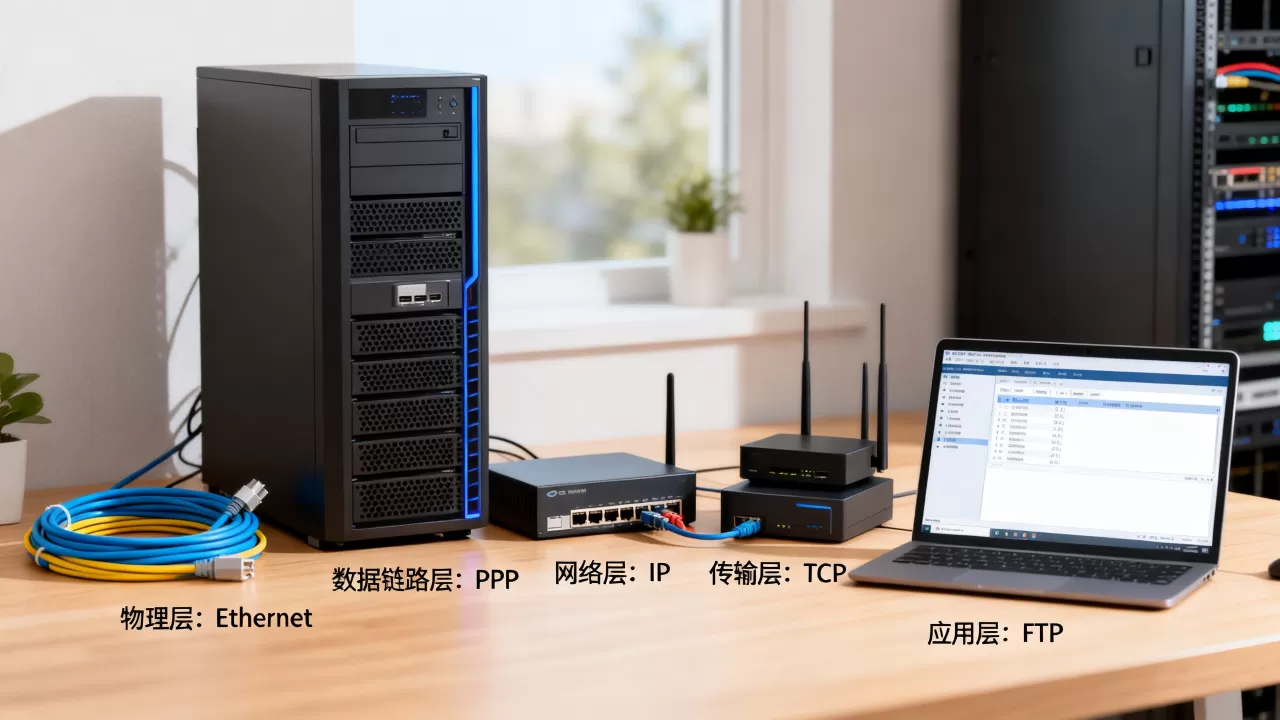 FTP服务器的数据经过哪些层，各层协议是什么