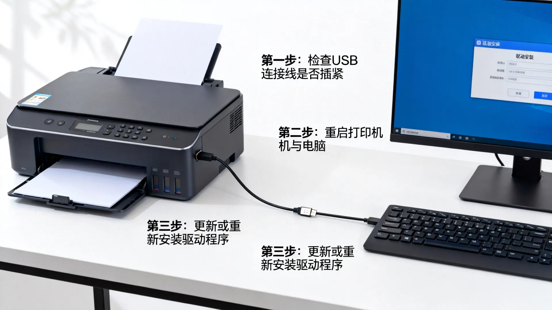 打印机连接电脑安装驱动了没反应